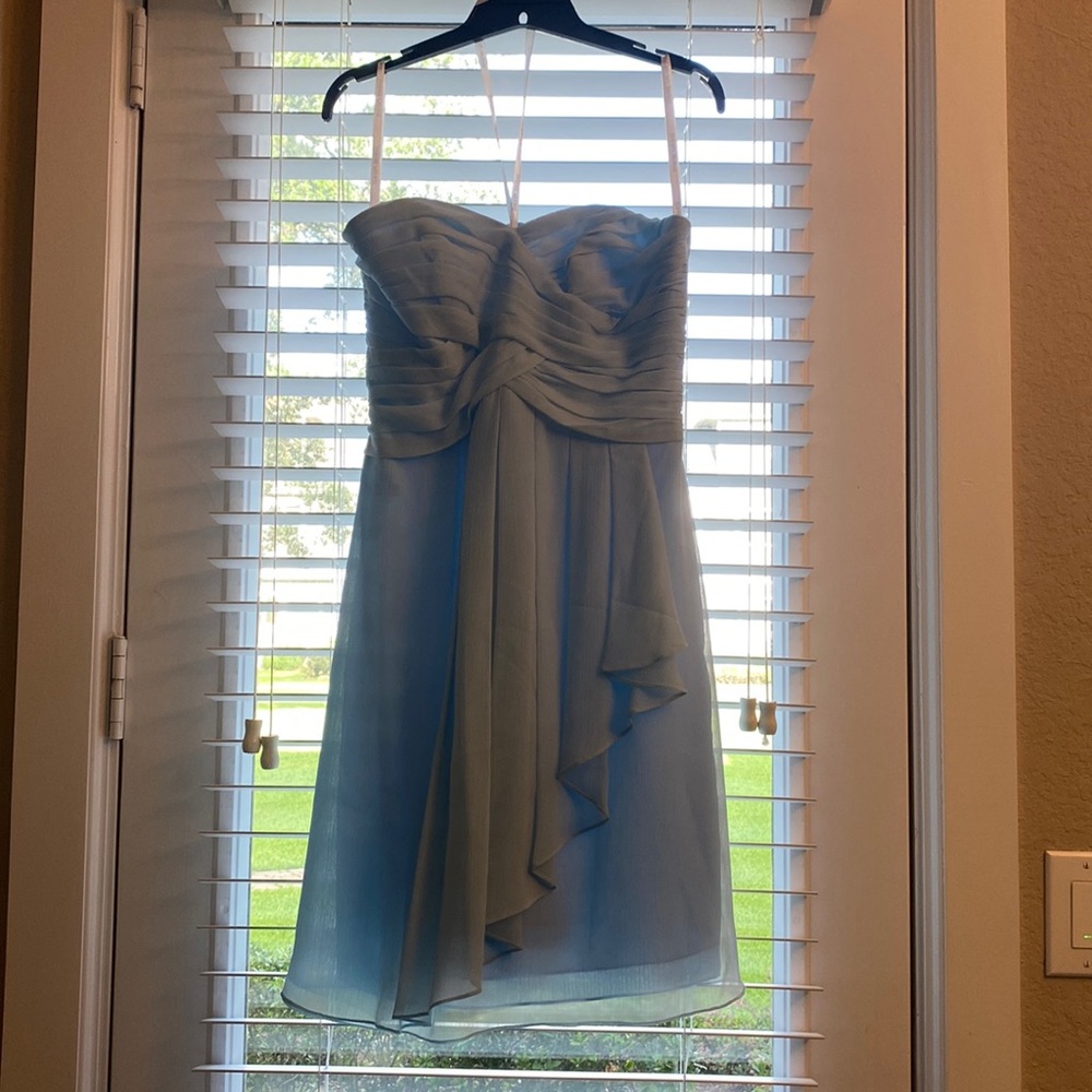 Pale blue David’s bridal strapless sweetheart dress, size 8